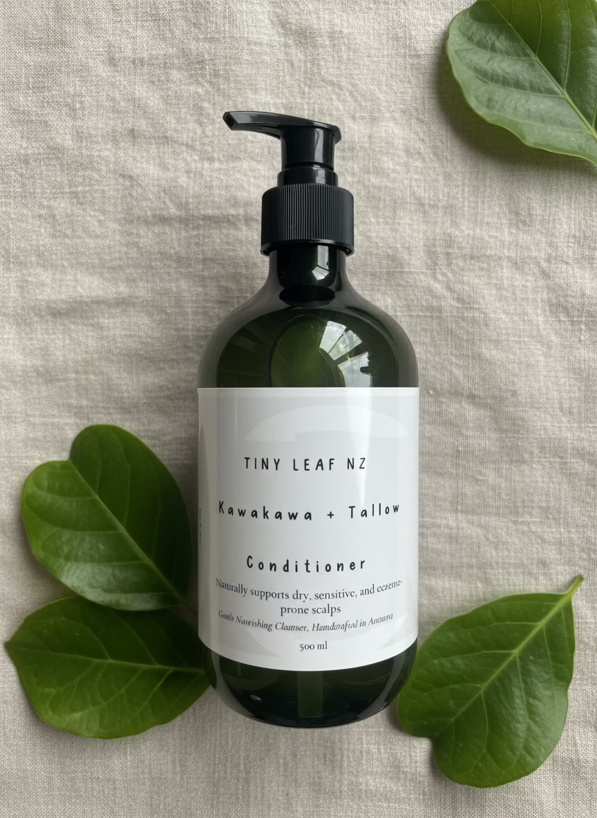 Dark green bottle of Kawakawa tallow conditioner on linen surface with Kawakawa leaves Tiny Leaf NZ