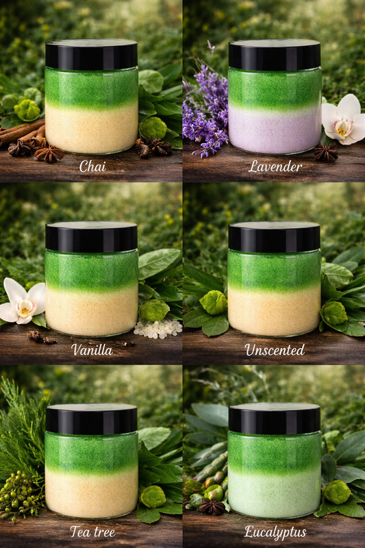 Collage of six Tiny Leaf NZ two-toned Kawakawa sugar scrubs in clear jars with green top layers and different coloured bases representing chai, lavender, vanilla, unscented, tea tree and eucalyptus scents.