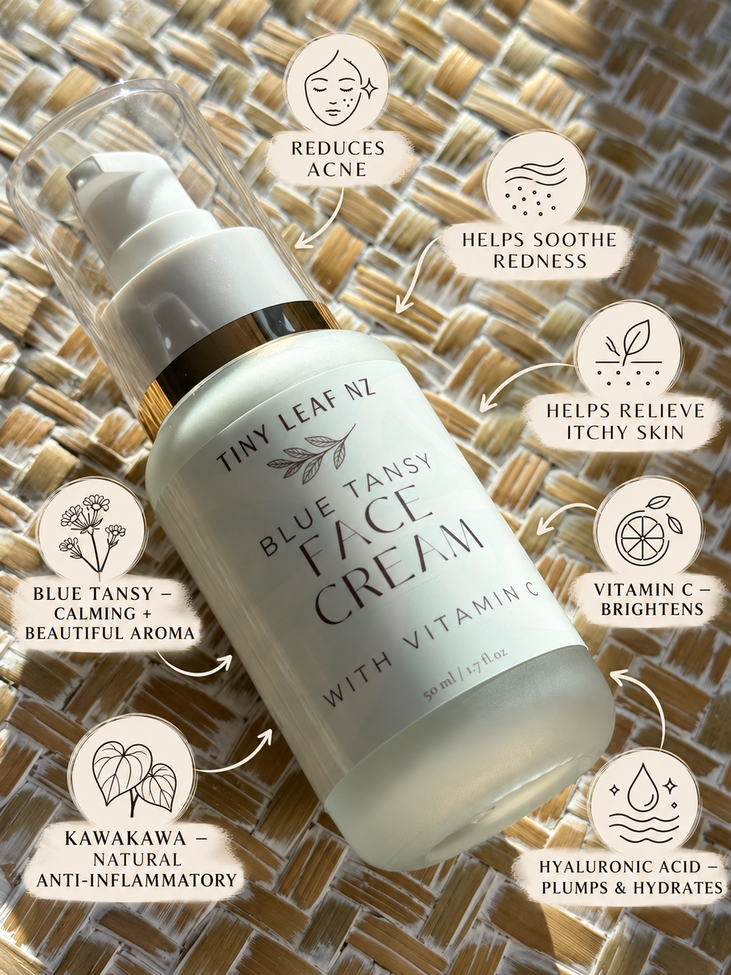 Tiny Leaf Nz Blue Tansy Face Cream bottle shown on a woven straw background with multiple circular callout graphics and text describing skincare benefits.