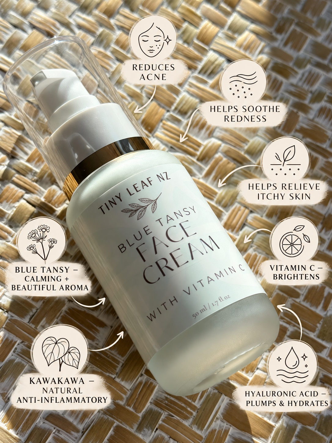 Tiny Leaf Nz Blue Tansy Face Cream bottle shown on a woven straw background with multiple circular callout graphics and text describing skincare benefits.