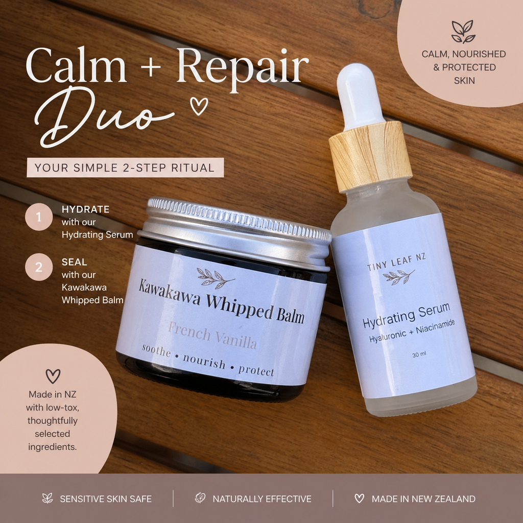 Two skincare products, a jar and a dropper bottle, on a wooden surface with text about a 'Calm + Repair Duo' ritual.