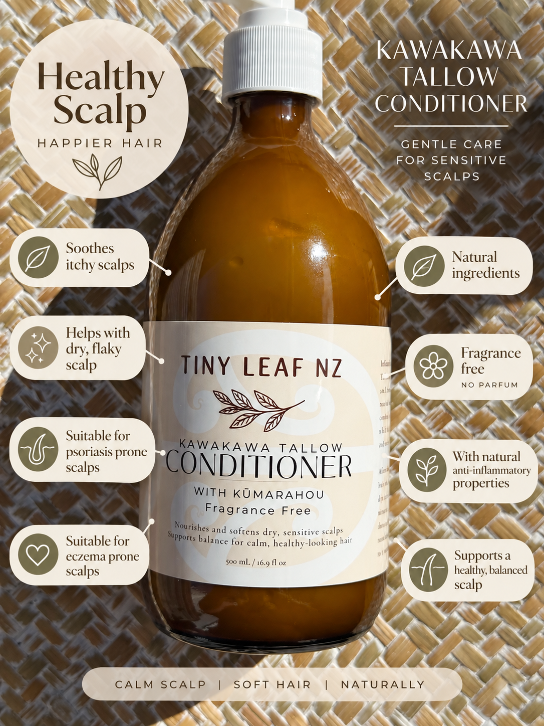 A bottle of Tiny Leaf NZ Kawakawa Tallow Conditioner centered on a patterned woven background, surrounded by informational callouts and badges about scalp benefits and ingredients.