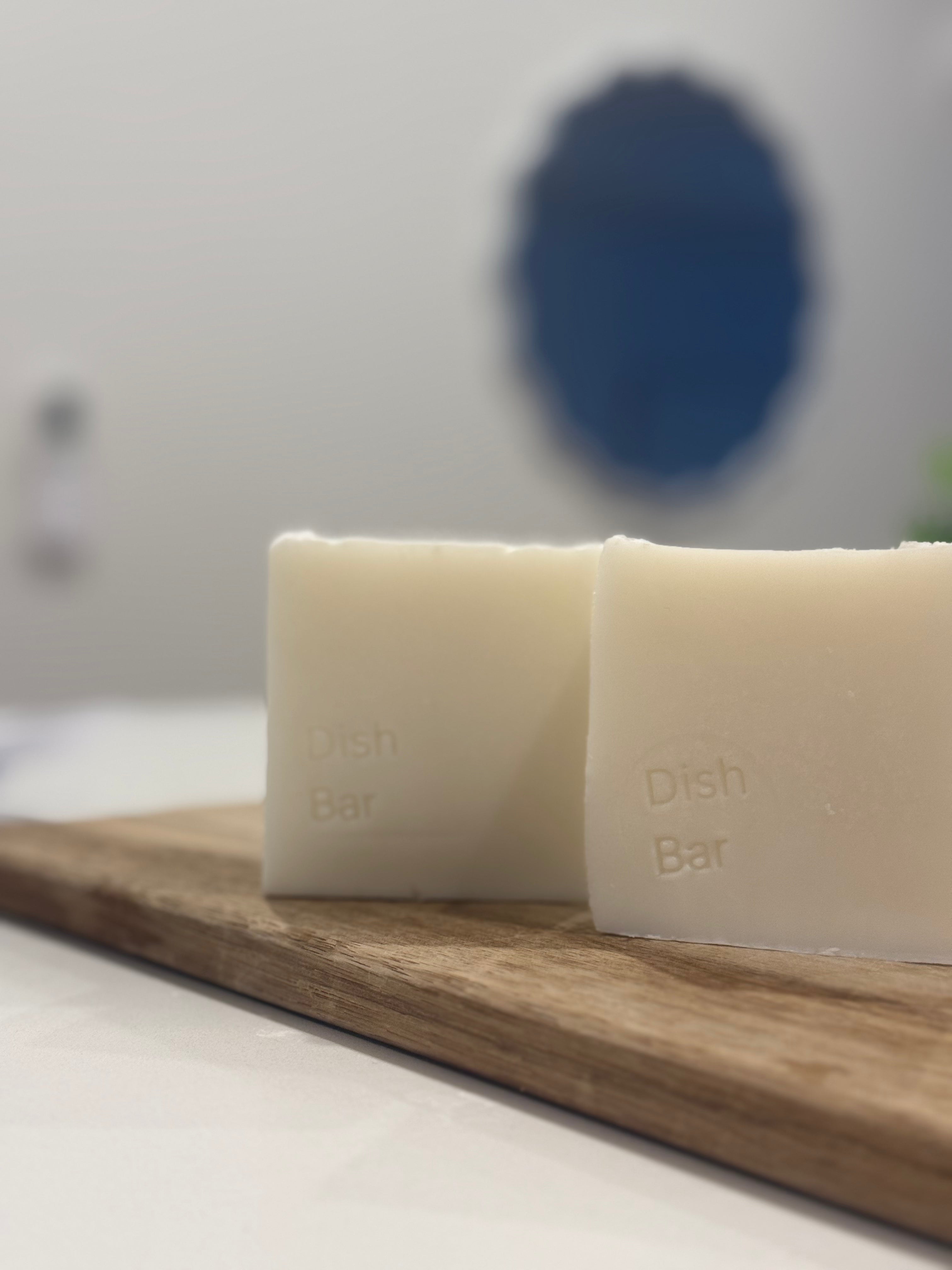 Two off-white rectangular dish bars standing upright on a wooden board, with the words 'Dish Bar' embossed on the front faces. The background is softly blurred with a white wall and a blue circular shape.