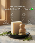 Solid dish soap bar with wooden brush on a stone surface, featuring sustainability benefits.