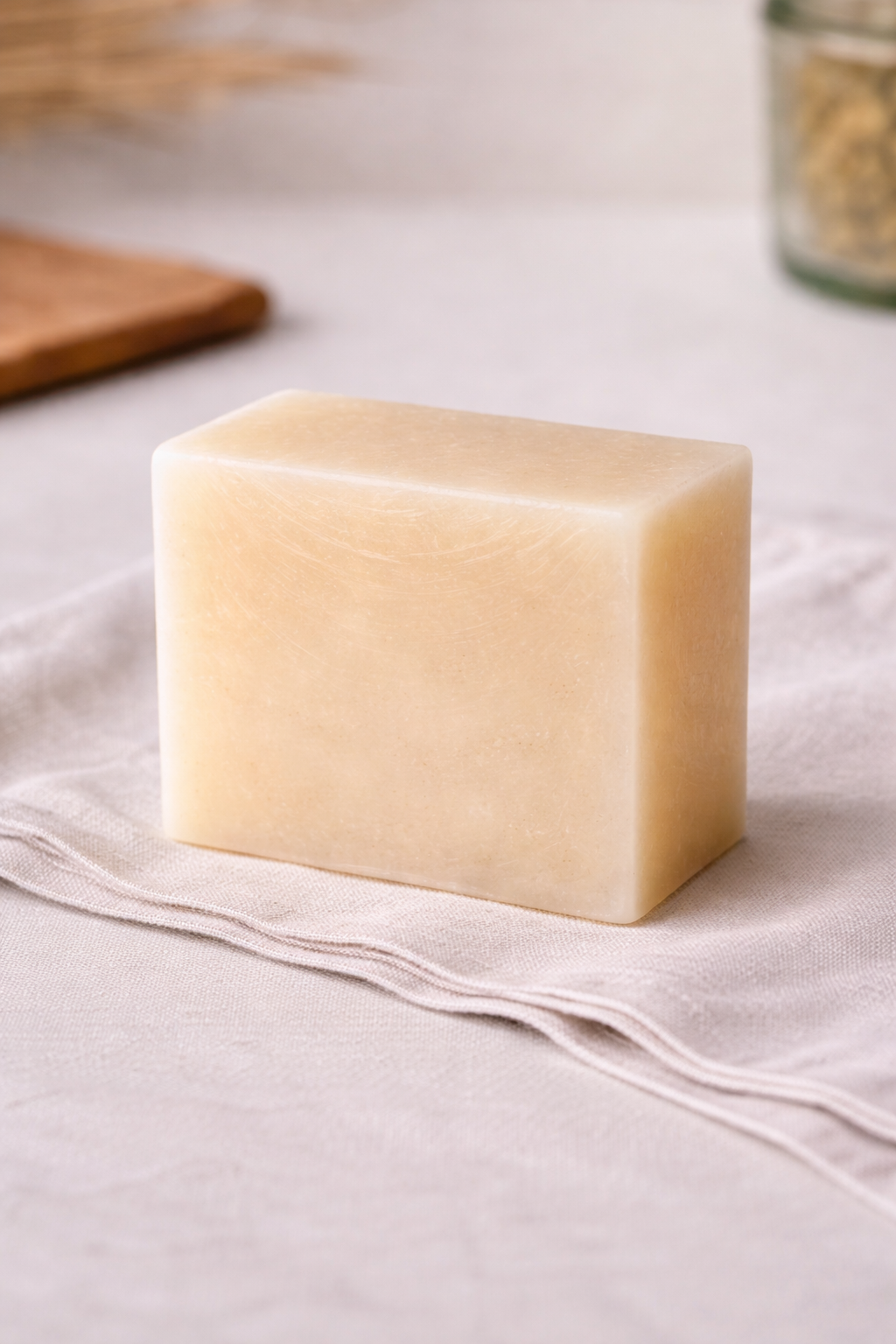 Bar of soap on a textured surface with a neutral background