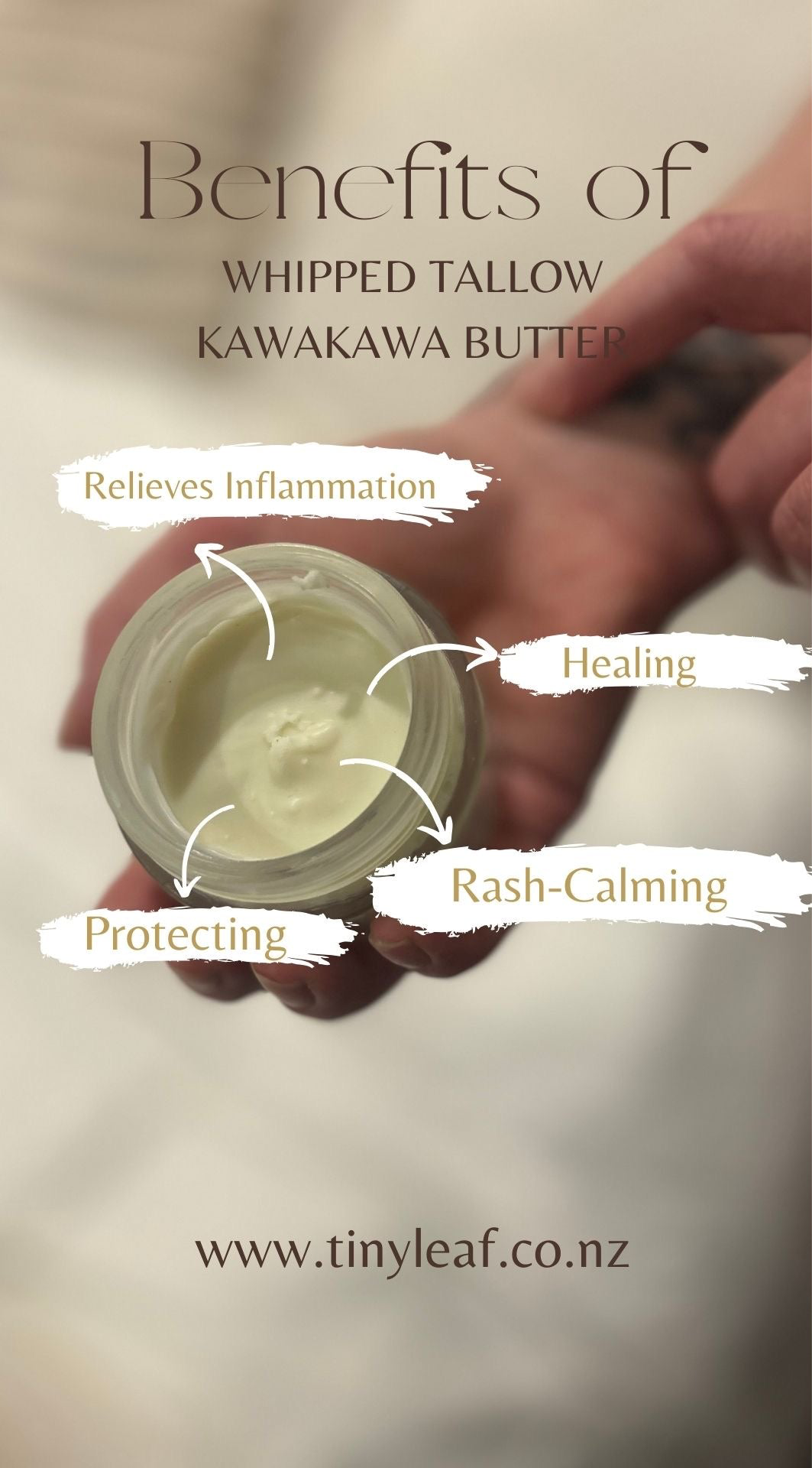 Hand holding a whipped tallow Kawakawa face and body butter with text on photo of the benefits of the cream