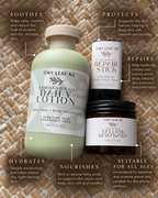 Three skincare products from Tiny Leaf NZ arranged on a woven mat background with callout text labels: a large pale green bottle of Kawakawa Oat Daily Lotion, a small white jar of Kawakawa Repair Stick, and a small white jar of Jallow Kawakawa Uncented. The image is branded as a lifestyle/infographic product shot rather than a plain studio packshot because of the surrounding explanatory text and arrows.