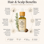 A promotional infographic for Tiny Leaf NZ Rosemary Kawakawa Castor Oil Hair & Scalp Oil. The central product is a 30ml dropper bottle of the golden-yellow oil, flanked by illustrations of green rosemary sprigs and a pine cone.