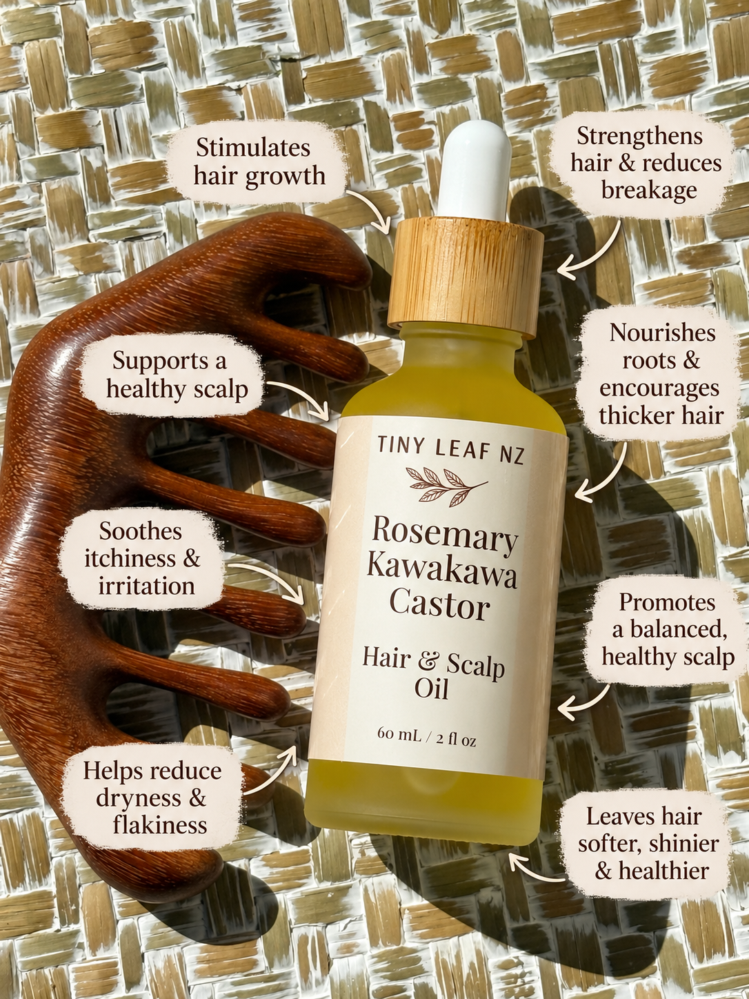 A bottle of Tiny Leaf NZ Rosemary Kawakawa Castor Hair & Scalp Oil is shown on a woven mat with a wooden scalp massager and multiple text callouts describing hair benefits.