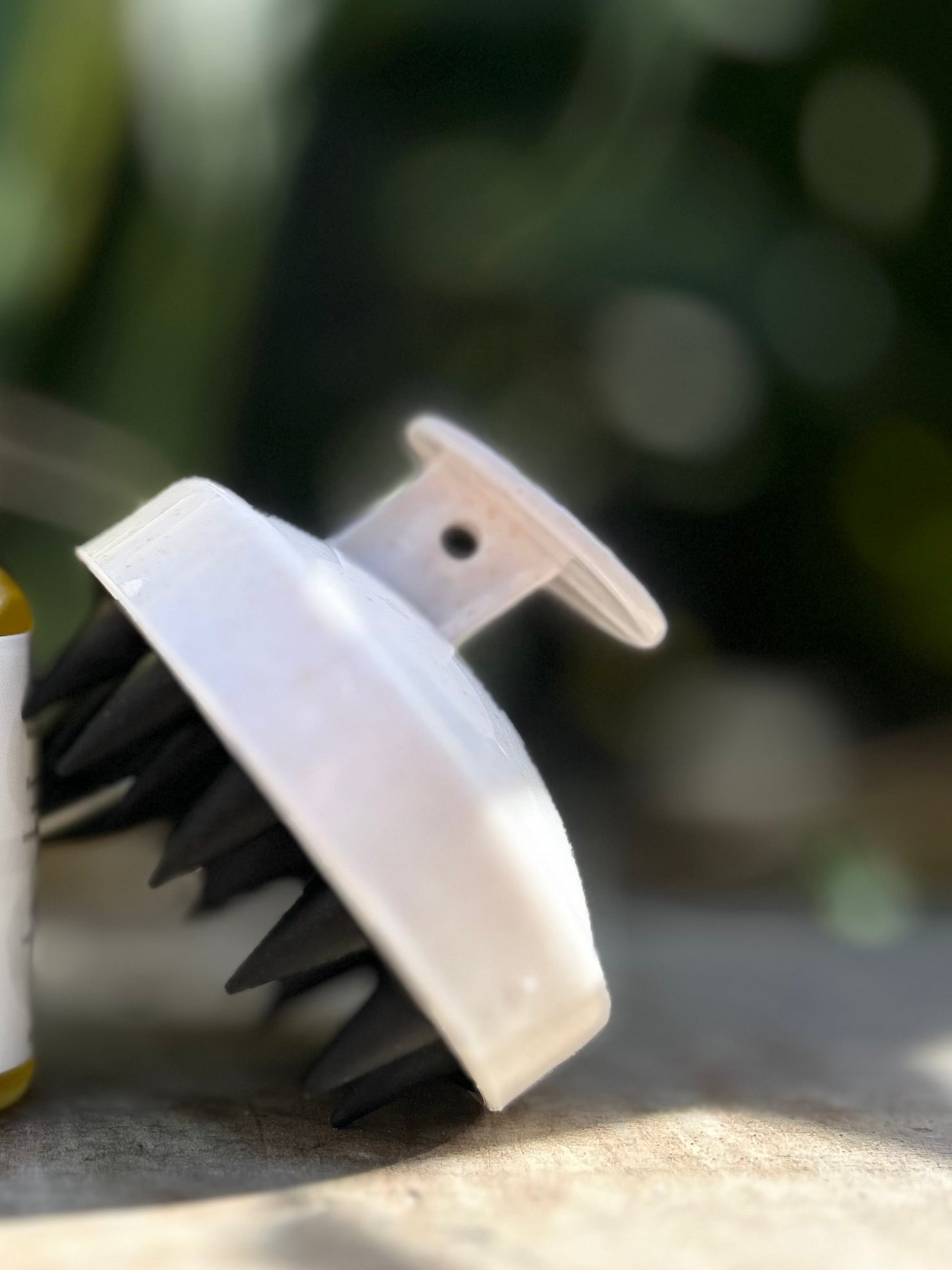 White and black brush with bristles on a blurred natural background