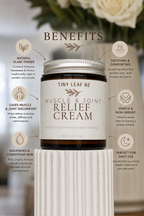 A jar of Tiny Leaf Nz Muscle & Joint Relief Cream is centered on a white pedestal with a 'BENEFITS' infographic overlay showing product benefits around it.