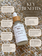 A bottle of Tiny Leaf NZ Hydrating Serum is displayed on a textured woven mat background, surrounded by informational callout boxes detailing the key benefits of the serum.