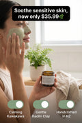 Woman applying a face mask with a jar of cream, text promoting pricing and product details.