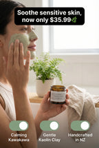 Woman applying a face mask with a jar of cream, text promoting pricing and product details.
