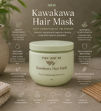 A jar of Tiny Leaf NZ Kawakawa Hair Mask centered on a rustic stone surface, surrounded by marketing text callouts and small product icons. The jar is pale sage green with a matching lid, and the background includes blurred greenery and wooden sticks.