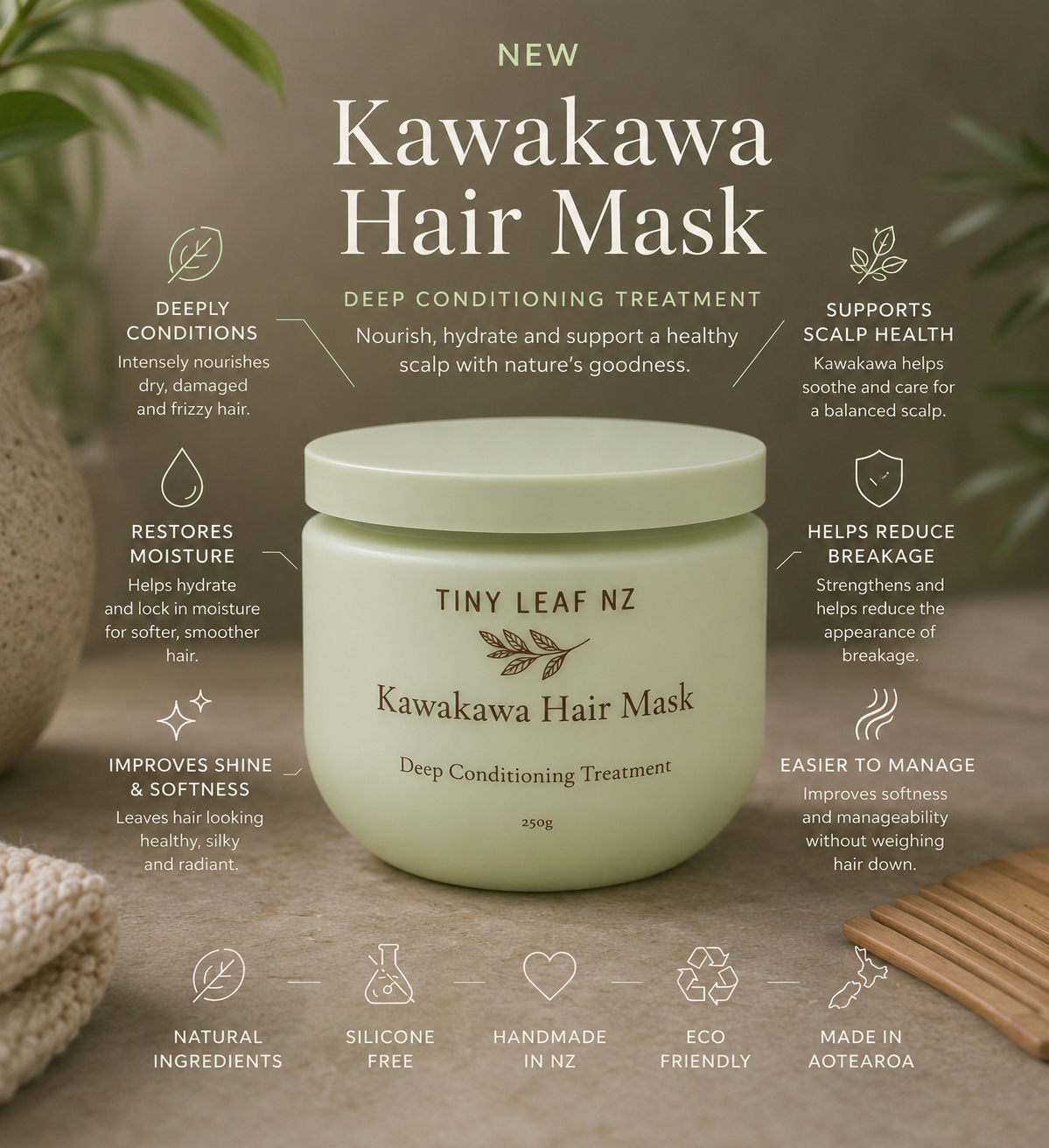 A jar of Tiny Leaf NZ Kawakawa Hair Mask centered on a rustic stone surface, surrounded by marketing text callouts and small product icons. The jar is pale sage green with a matching lid, and the background includes blurred greenery and wooden sticks.