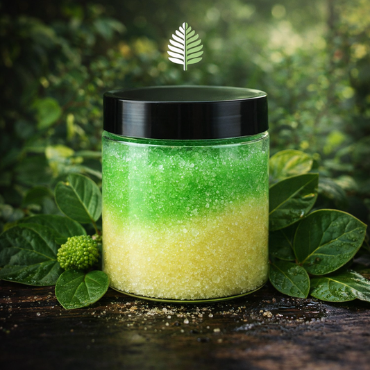 Handmade Tiny Leaf NZ Kawakawa sugar scrub in a clear cosmetic jar with black lid, featuring layered green and yellow exfoliating sugar crystals with kawakawa leaves.