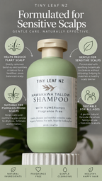 A bottle of Tiny Leaf Nz Kawakawa Tallow Shampoo with Kumerahou, presented on a white pedestal against a dark gray background with green and white informational graphics.