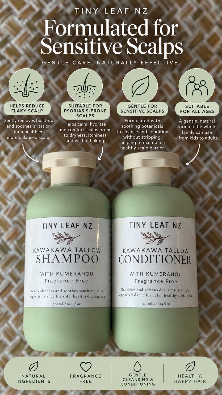 Two bottles of Tiny Leaf NZ Kawakawa Tallow Shampoo and Conditioner arranged side by side on a patterned fabric background, with product information and benefit icons displayed above.