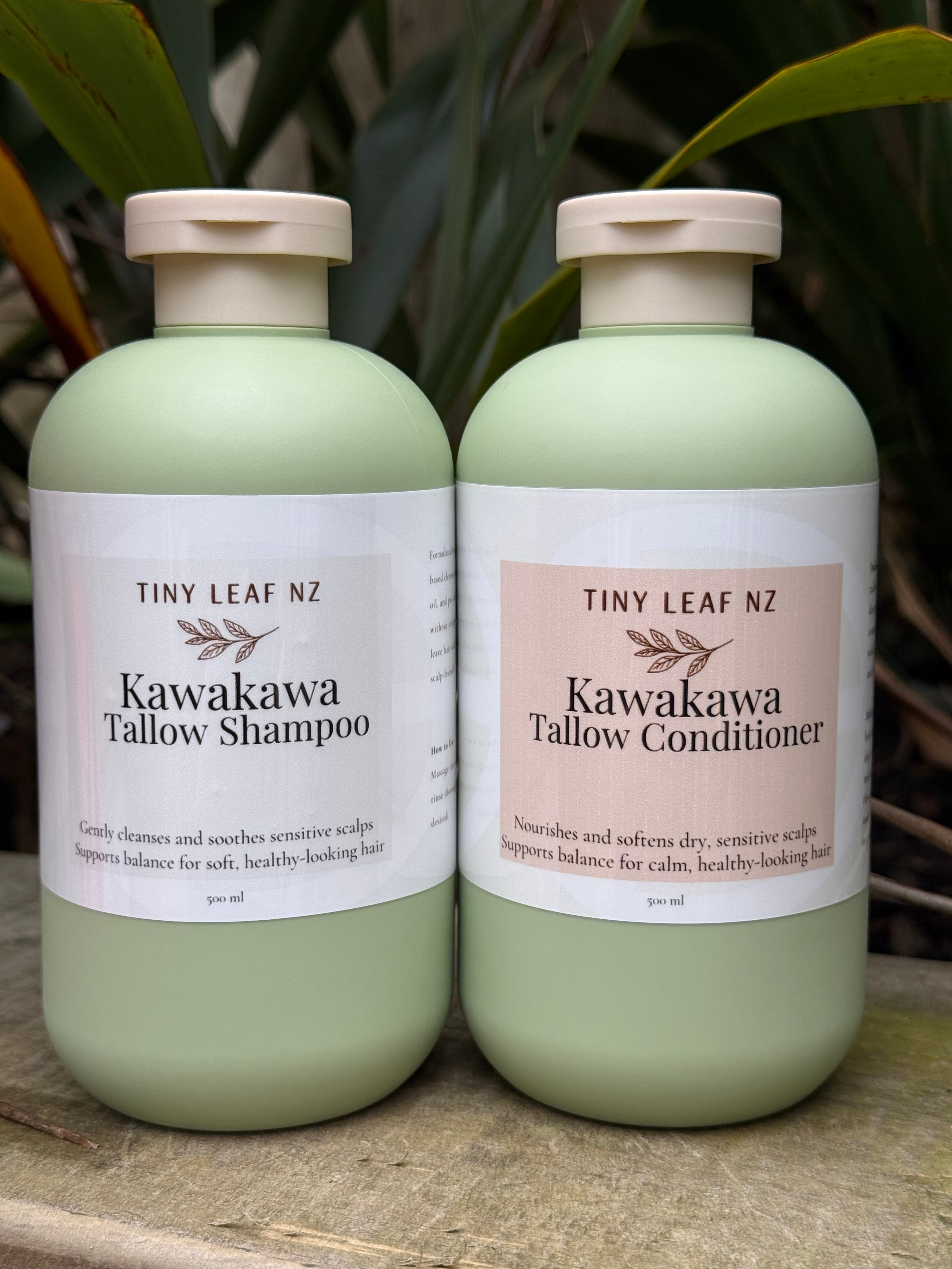 Two pale mint green bottles of Tiny Leaf Nz Kawakawa Tallow Shampoo and Tallow Conditioner, standing side-by-side on a stone surface with green foliage in the background.