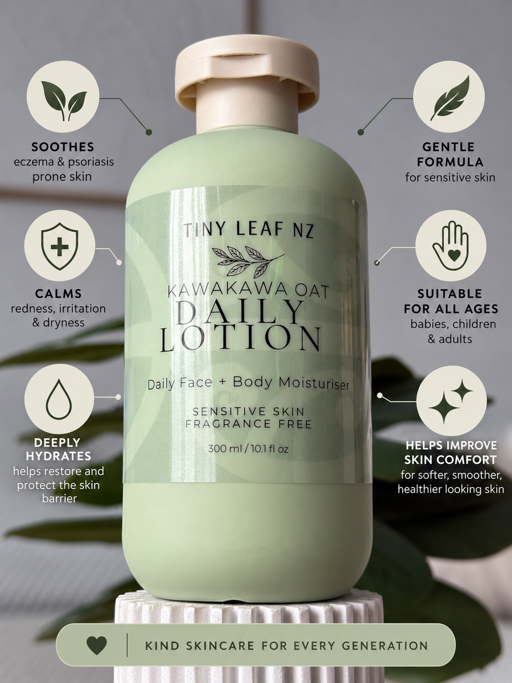 Tiny Leaf Nz Kawakawa Oat Daily Lotion in a 300 ml pump bottle, presented on a pedestal with infographic callouts detailing its skin benefits against a soft gray background.