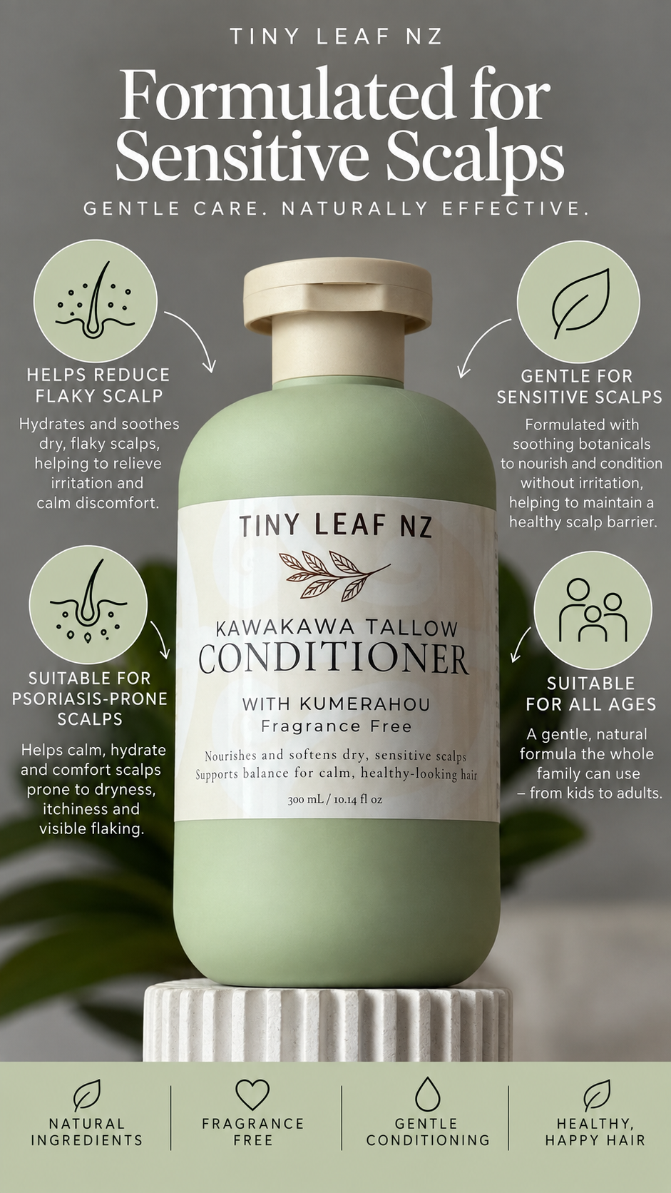 A bottle of Tiny Leaf NZ Kawakawa Tallow Conditioner with Kumerahou fragrance-free, styled on a striped pedestal with informational text and icons about its benefits for sensitive and psoriasis-prone scalps.