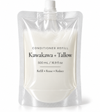 A 500 mL refill pouch of Kawakawa + Tallow conditioner, filled with an off-white cream-colored liquid. The product is packaged in a clear, resealable stand-up pouch with a white screw cap, set against a clean white background.