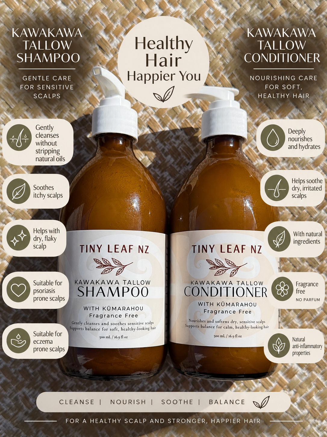 Two amber plastic pump bottles of Tiny Leaf Nz hair care products, labeled Kawakawa Tallow Shampoo and Kawakawa Tallow Conditioner, centered on a patterned brown background with green and white informational callouts.