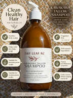 A bottle of Tiny Leaf NZ Kawakawa Tallow Shampoo centered on a woven natural-fiber background, surrounded by circular and rectangular informational callouts about hair care benefits. The product itself is an amber glass bottle with a white pump and white label.