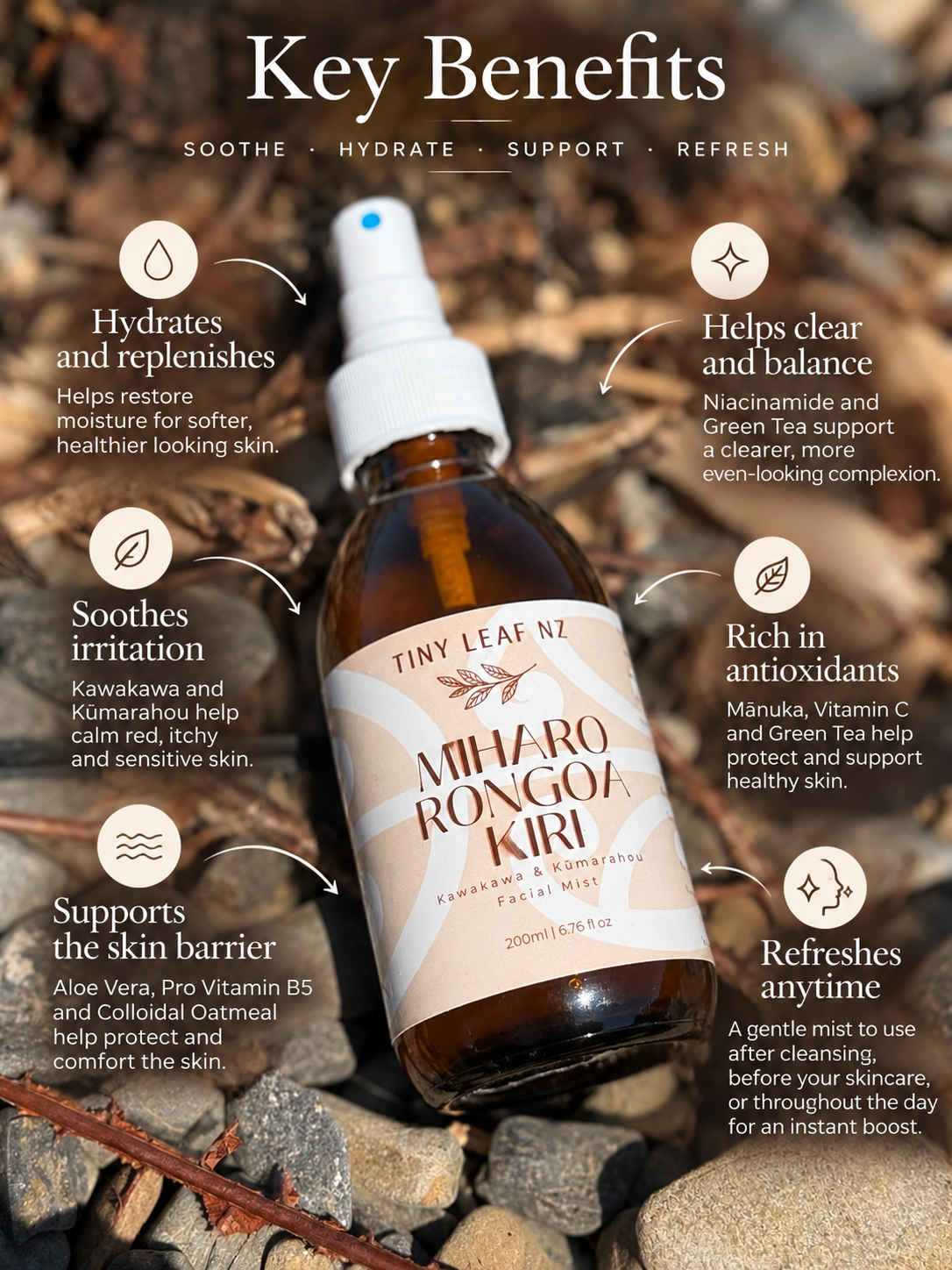 A bottle of Miharo Rongoa Kiri facial toning mist by Tiny Leaf NZ, displayed on a bed of rocks and soil with surrounding text detailing its key benefits.