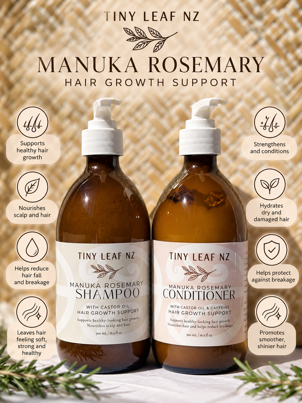 Two amber glass pump bottles of Tiny Leaf Nz Manuka Rosemary Hair Growth Support, shown as Shampoo and Conditioner, with product benefits illustrated on a warm beige patterned background.