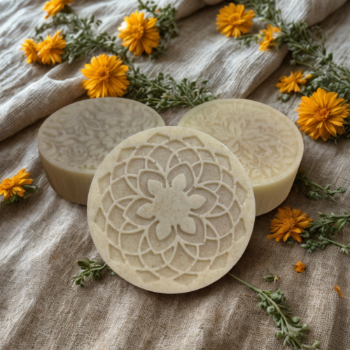 Three circular soap bars with floral designs on a textured fabric background with yellow flowers.