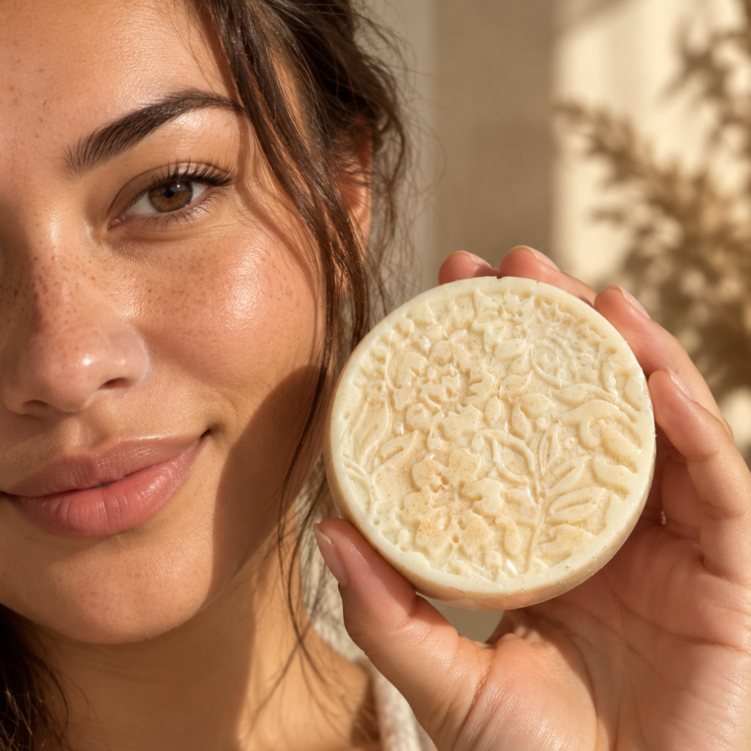 A woman holds a round, off-white soap bar with an embossed floral pattern in her hand, set against a warm, sunlit background.