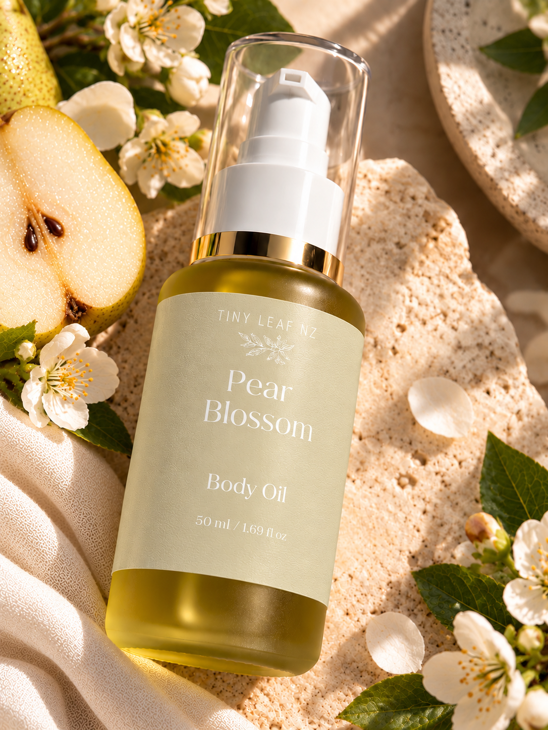 A bottle of Tint Leaf NZ Pear Blossom Body Oil in a clear bottle with a white pump and gold collar, surrounded by pear slices, white blossoms, and a textured beige surface.