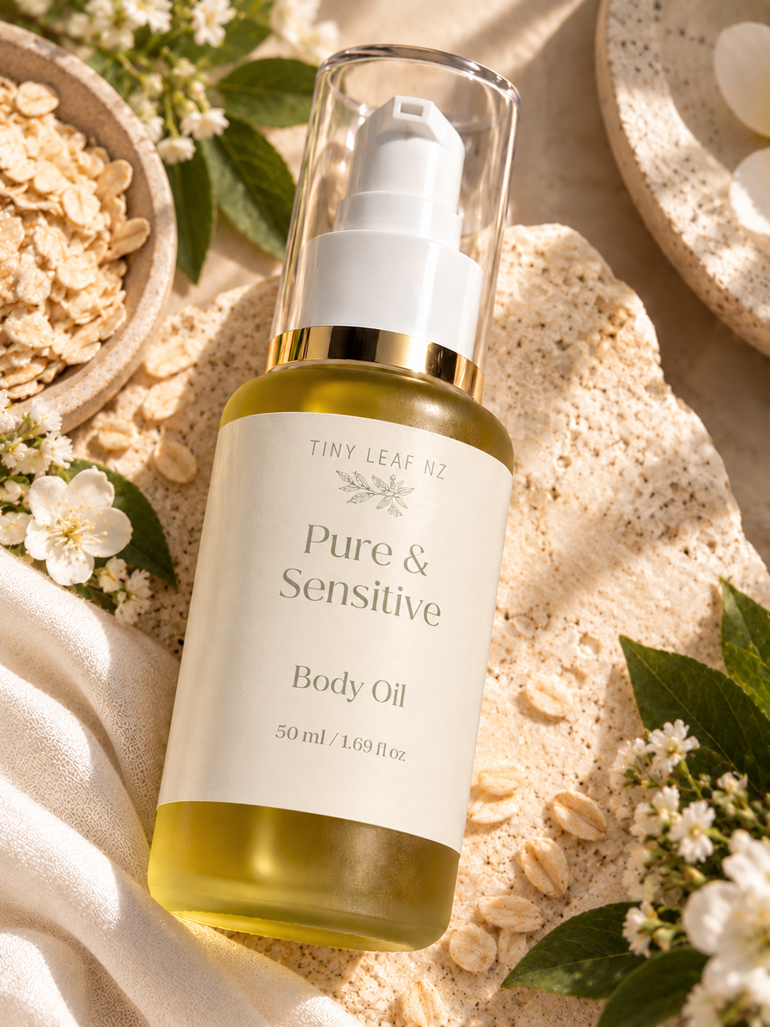 A bottle of Tiny Leaf NZ Pure & Sensitive Body Oil with a white pump and clear cap, filled with golden-yellow oil, styled on a textured beige surface with oats, white flowers, and green leaves.