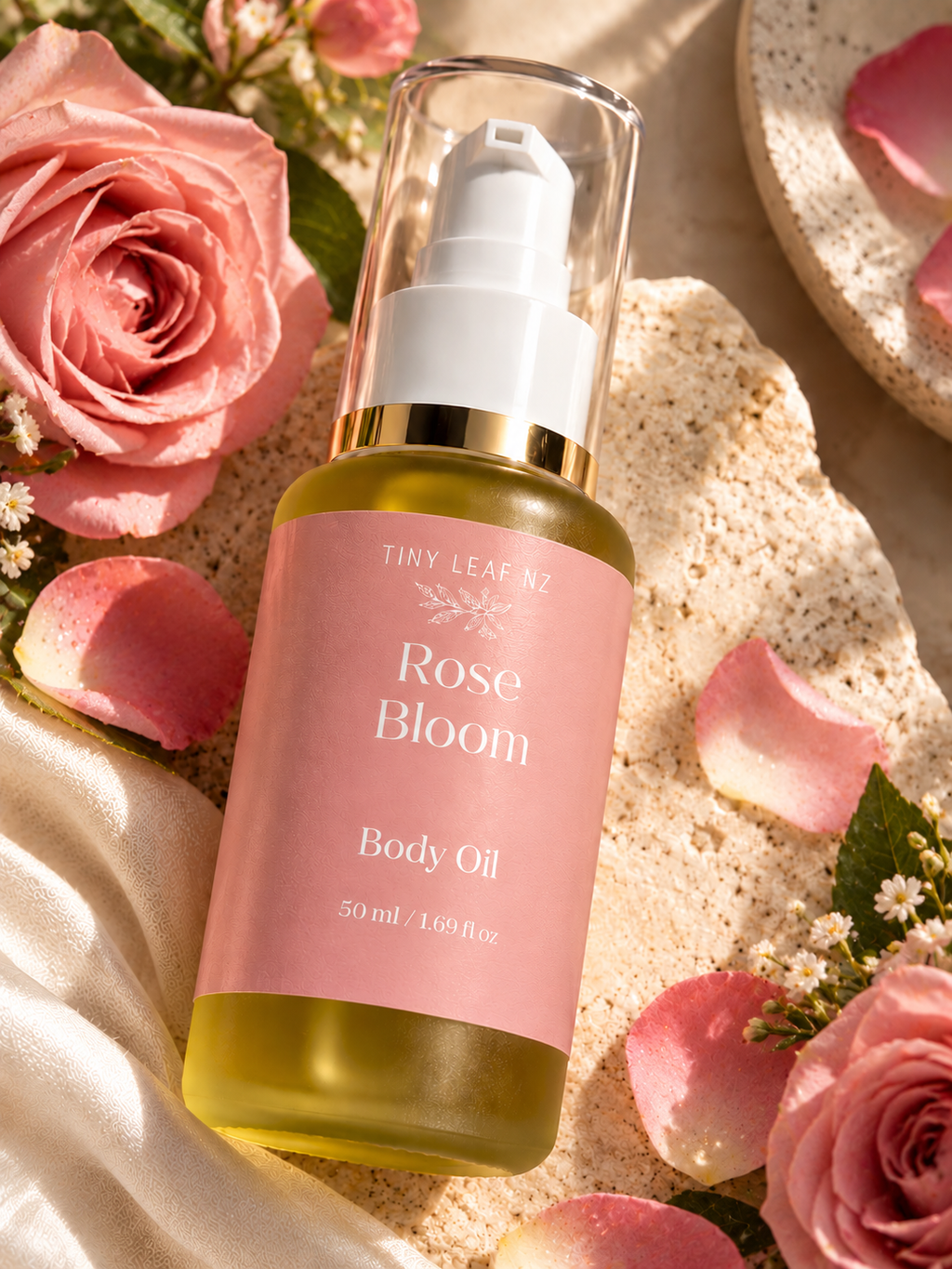 A bottle of Tiny Leafz Rose Bloom Body Oil, featuring a pink label and clear cap, styled with pink roses and petals on a textured beige surface.