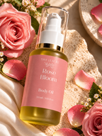 A bottle of Tiny Leaf N2 Rose Bloom Body Oil, filled with golden-yellow oil and featuring a pink label, styled on a textured beige surface with pink roses and petals.