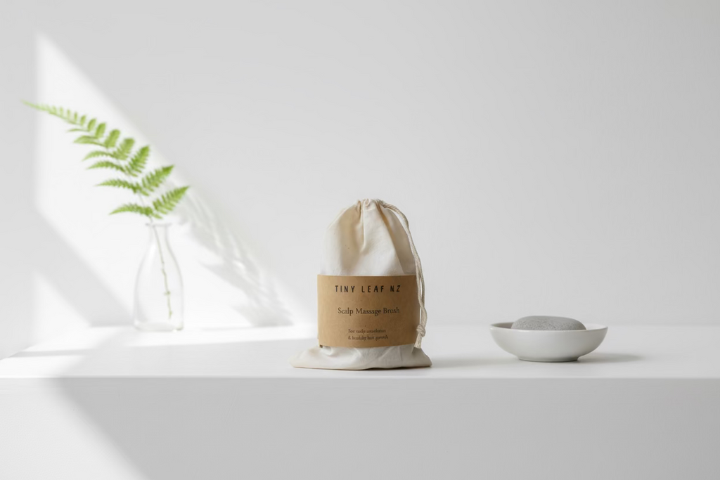 Scalp massage brush in a drawstring bag with 'Tiny Leaf NZ' label on a light surface.