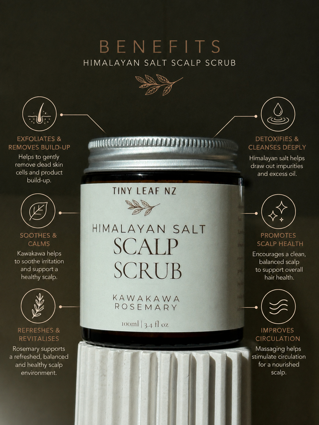 A jar of Tiny Leaf Nz Himalayan Salt Scalp Scrub centered on a dark brown background with infographic-style benefit callouts around it. The product jar has a white label and silver cap, and the lower portion shows white fluted packaging or a prop beneath the jar.