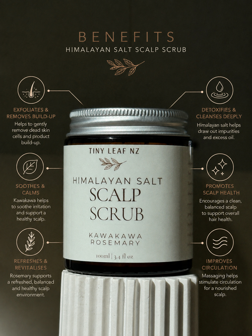 A jar of Tiny Leaf Nz Himalayan Salt Scalp Scrub centered on a dark brown background with infographic-style benefit callouts around it. The product jar has a white label and silver cap, and the lower portion shows white fluted packaging or a prop beneath the jar.
