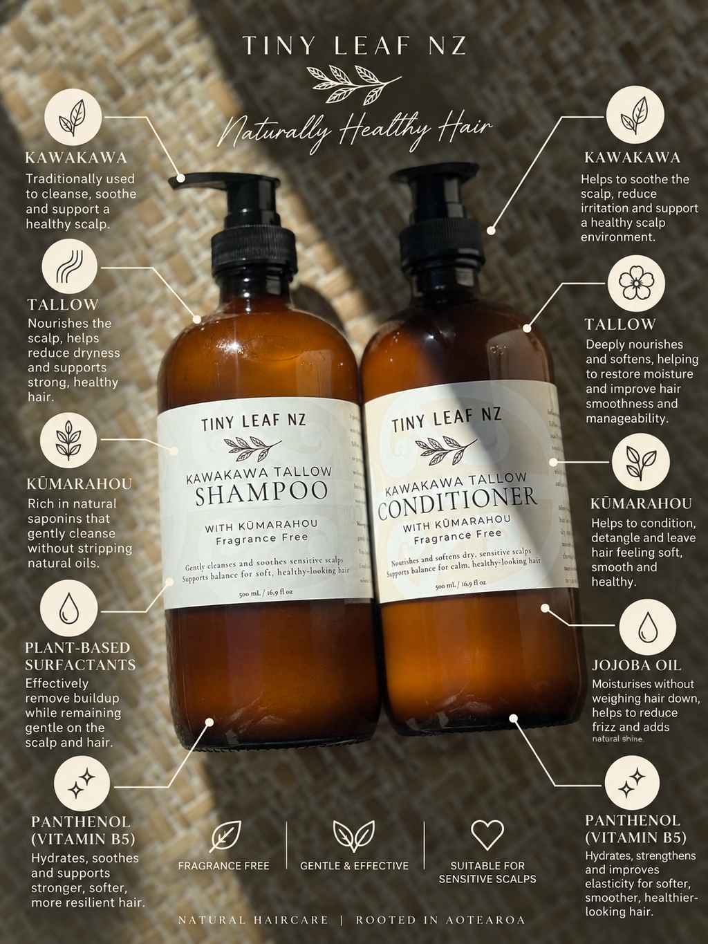 Two amber glass pump bottles of Tiny Leaf Nz haircare products, labeled Kawakawa Tallou Shampoo and Kawakawa Tallou Conditioner, displayed on a textured brown background with detailed product feature callouts.