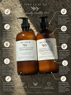 Two amber glass pump bottles of Tiny Leaf Nz haircare products, labeled Kawakawa Tallou Shampoo and Kawakawa Tallou Conditioner, displayed on a textured brown background with detailed product feature callouts.