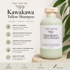 A bottle of Tiny Leaf NZ Kawakawa Tallow Shampoo in a pale sage green color with a cream cap, displayed next to a detailed feature list on a light beige background with green leaves.