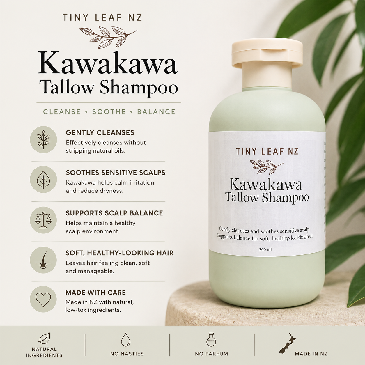 A bottle of Tiny Leaf NZ Kawakawa Tallow Shampoo in a pale sage green color with a cream cap, displayed next to a detailed feature list on a light beige background with green leaves.