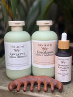 Three Tiny Leaf NZ hair care products and a wooden scalp massage comb arranged on a stone surface with blurred green foliage in the background: Kawakawa Tallow Shampoo, Kawakawa Tallow Conditioner, Rosemary Kawakawa Castor Hair & Scalp Oil, and a brown wooden comb.