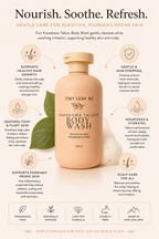 A 300ml body wash bottle by Tiny Leaf NZ, labeled 'Kawakawa Tallow Body Wash', centered on a light beige background with multiple benefit callouts and icons for sensitive, psoriasis-prone skin.