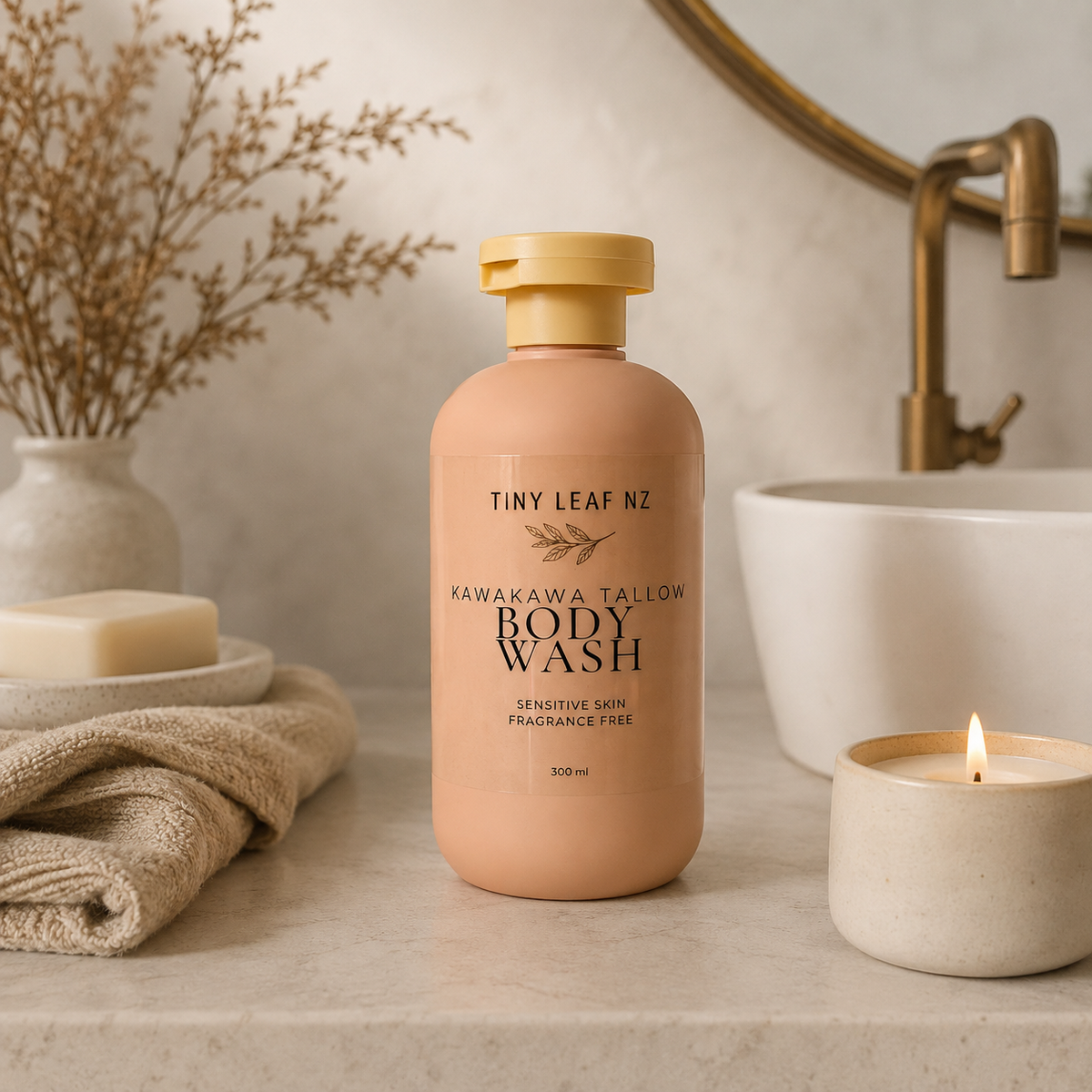 A bottle of Tiny Leaf NZ Kawakawa Tallow Body Wash stands on a marble bathroom counter beside a white sink, brass faucet, folded towel, soap bar, and a lit candle.