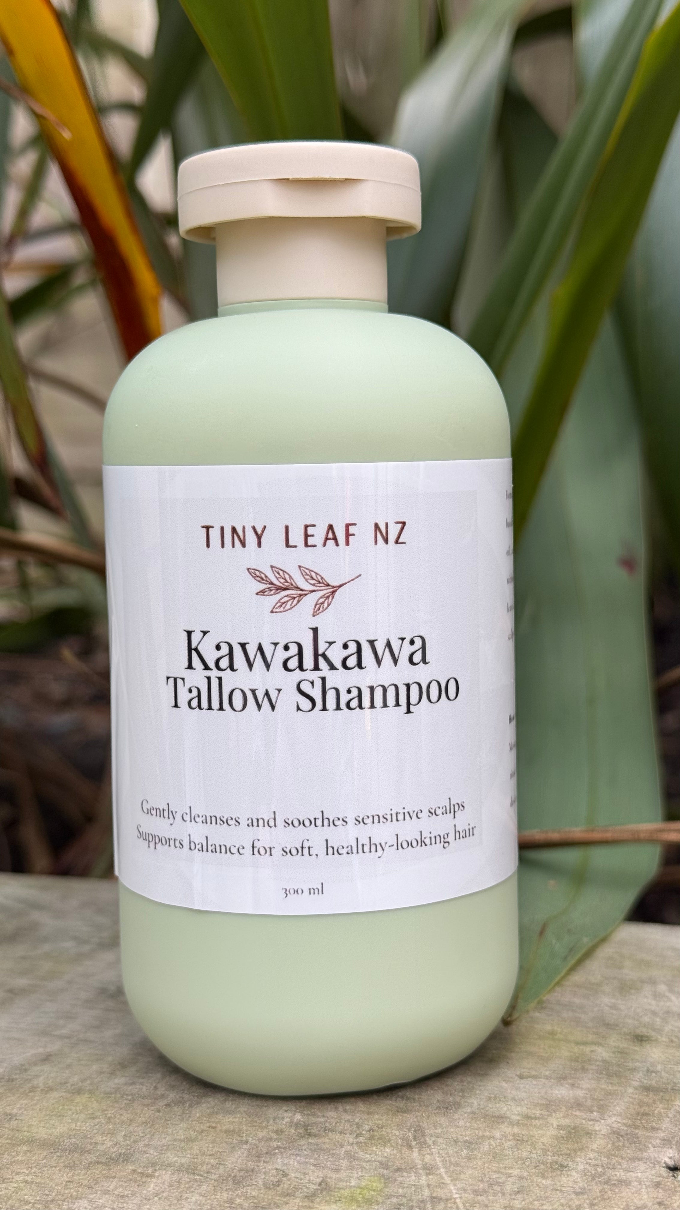 A bottle of Tiny Leaf NZ Kawakawa Tallow Shampoo, featuring a pale sage green bottle and a white label, set against a background of green leaves.