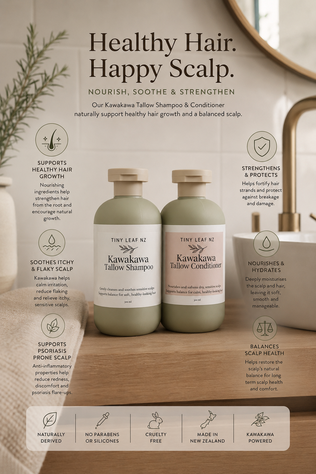 A styled product listing graphic for Tiny Leaf N2 Kawakawa Tallow Shampoo and Conditioner. The image shows two pale green bottles on a wooden surface, surrounded by text callouts detailing their benefits, a ceramic mug, and a gold-framed mirror in the background.