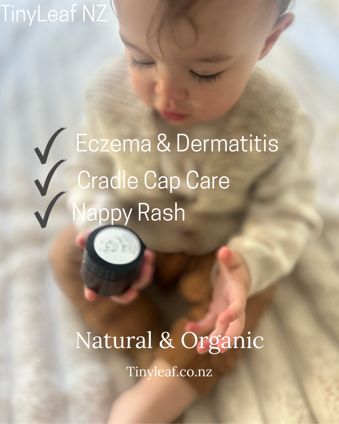 Baby holding a bottle with text about eczema, dermatitis, cradle cap care, and nappy rash solutions.